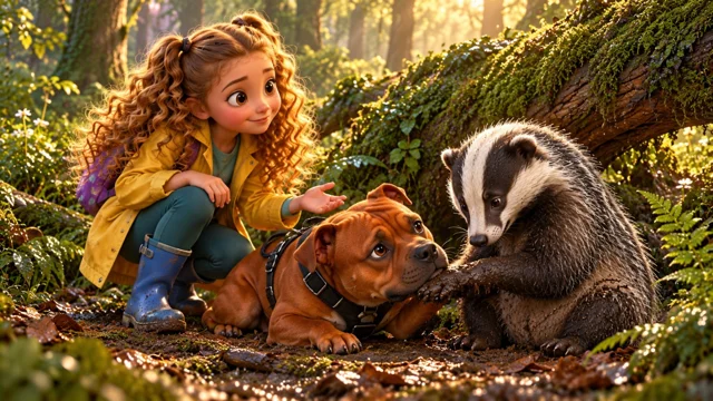 Innie and Fati meet a badger beneath a mossy tree.