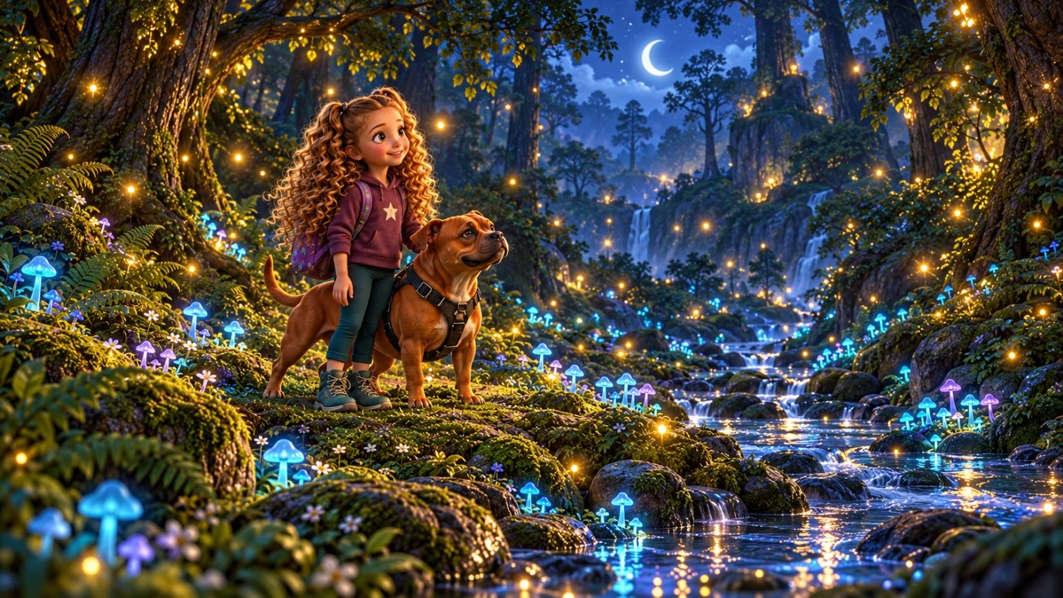 Innie and Fati stand beside a stream lit by glowing mushrooms under the moon.