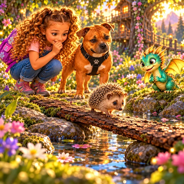 Innie, Fati and Tuli watch a little hedgehog cross a wooden bridge.