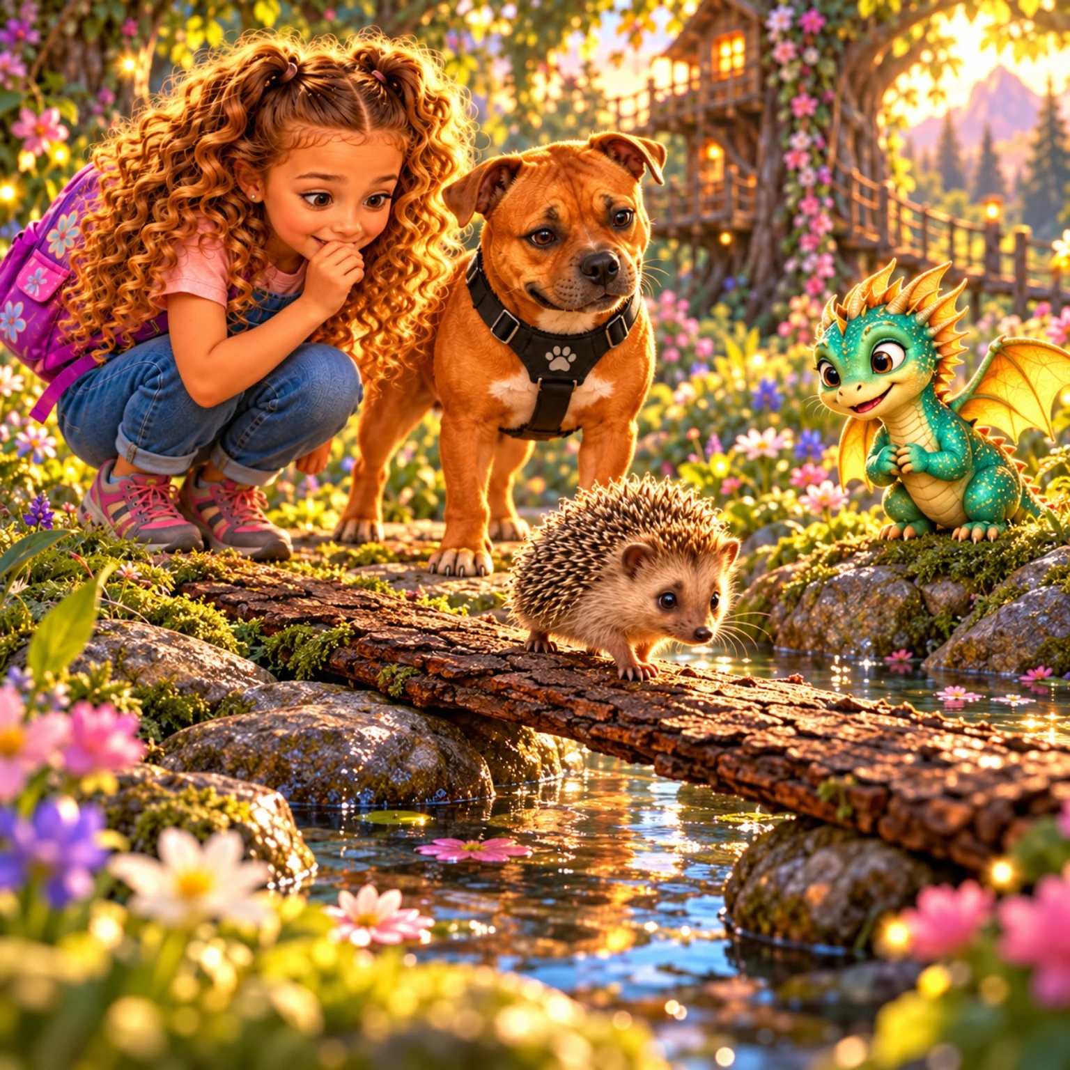Innie, Fati and Tuli watch a little hedgehog cross a wooden bridge.