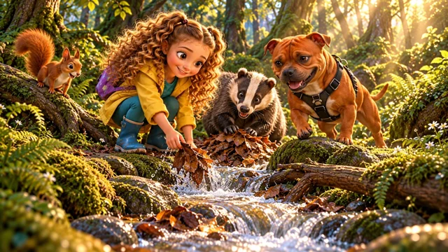 Innie, Fati and a badger help beside a forest stream.