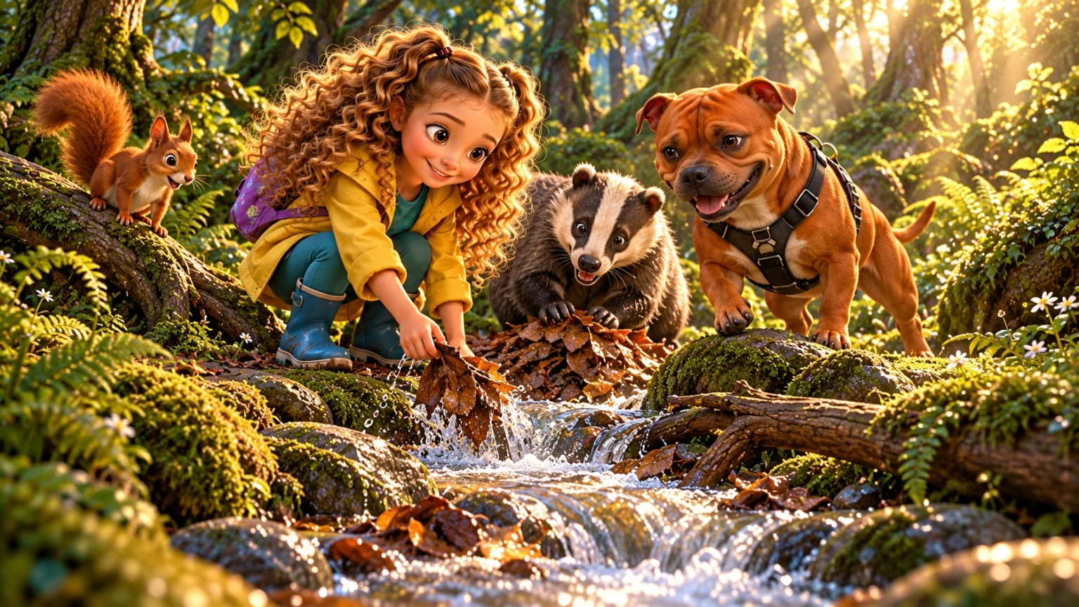 Innie, Fati and a badger help beside a forest stream.