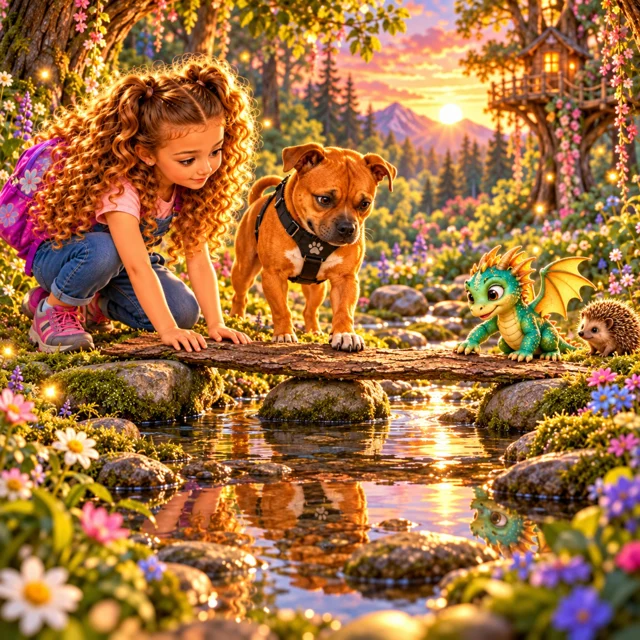 Innie, Fati and Tuli look into a small woodland pond.