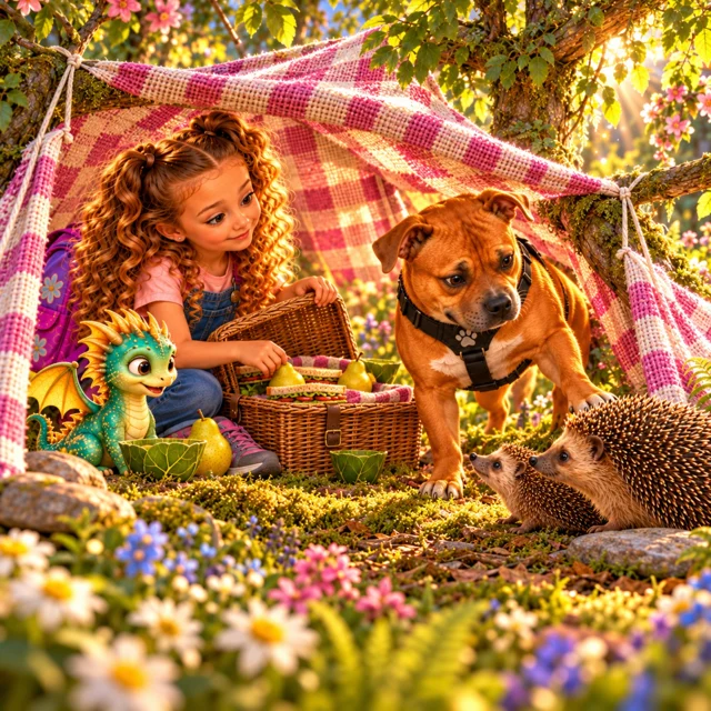 Innie, Fati, Tuli and a hedgehog share a picnic beneath a blanket.