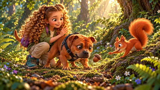 Innie and Fati meet a red squirrel in a sunlit forest.