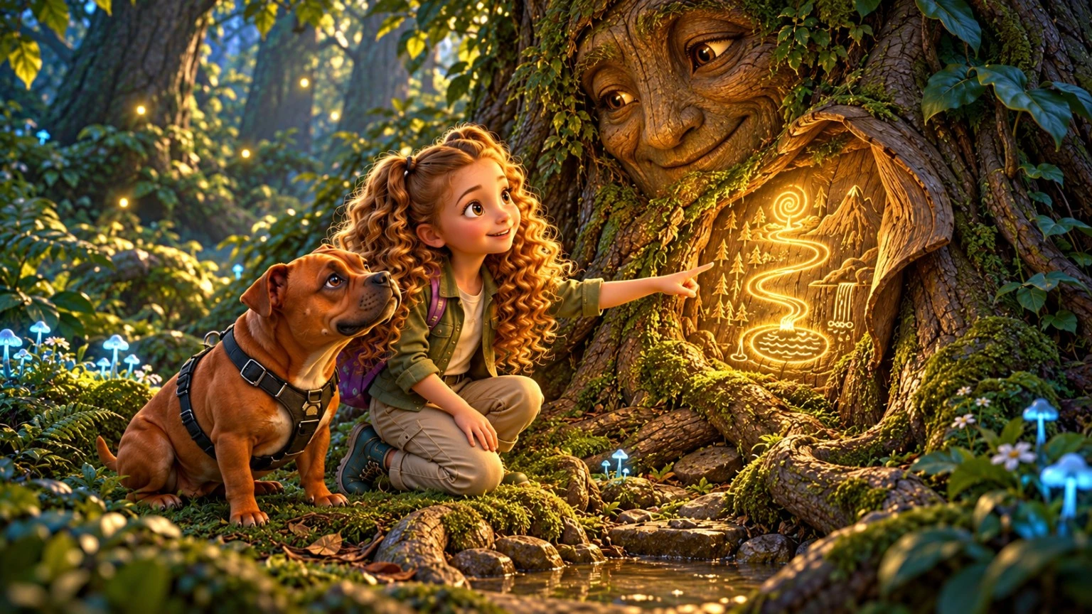 Innie and Fati discover glowing symbols on an old talking tree.